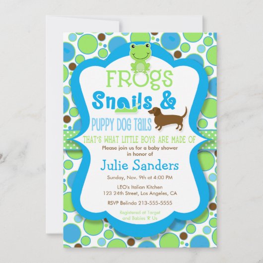 カエル、カタツムリ、子犬の尾 – 男の子の赤ちゃんシャワー 招待状 (正面)