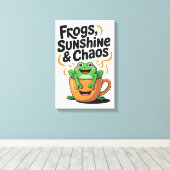カエル、サンシャイン&カオス – コーヒーカップのかわいいカエル キャンバスプリント (インサイチュ (ウッドフロア))