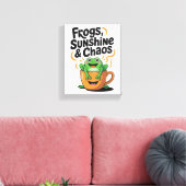 カエル、サンシャイン&カオス – コーヒーカップのかわいいカエル キャンバスプリント (インサイチュ (リビング))