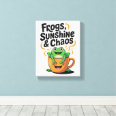カエル、サンシャイン&カオス – コーヒーカップのかわいいカエル キャンバスプリント (インサイチュ (ウッドフロア))