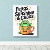 カエル、サンシャイン&カオス – コーヒーカップのかわいいカエル キャンバスプリント (インサイチュ (ウッドフロア))