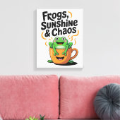 カエル、サンシャイン&カオス – コーヒーカップのかわいいカエル キャンバスプリント (インサイチュ (リビング))