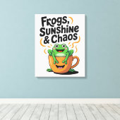 カエル、サンシャイン&カオス – コーヒーカップのかわいいカエル キャンバスプリント (インサイチュ (ウッドフロア))