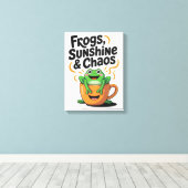 カエル、サンシャイン&カオス – コーヒーカップのかわいいカエル キャンバスプリント (インサイチュ (ウッドフロア))