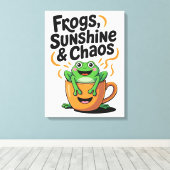 カエル、サンシャイン&カオス – コーヒーカップのかわいいカエル キャンバスプリント (インサイチュ (ウッドフロア))