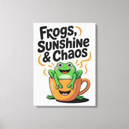 カエル、サンシャイン&カオス – コーヒーカップのかわいいカエル キャンバスプリント