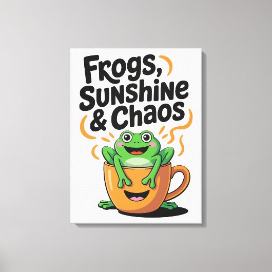 カエル、サンシャイン&カオス – コーヒーカップのかわいいカエル キャンバスプリント (正面)
