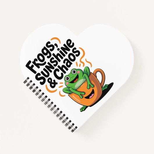 カエル、サンシャイン&カオス – コーヒーカップのかわいいカエル ノートブック (正面)