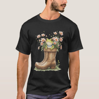 カエル 庭 ブーツ 花柄 春 かわいい カエル 愛好家 Tシャツ