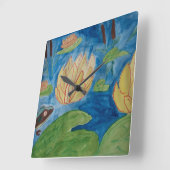 カエル&《植物》スイレン時計 スクエア壁時計 (傾斜)