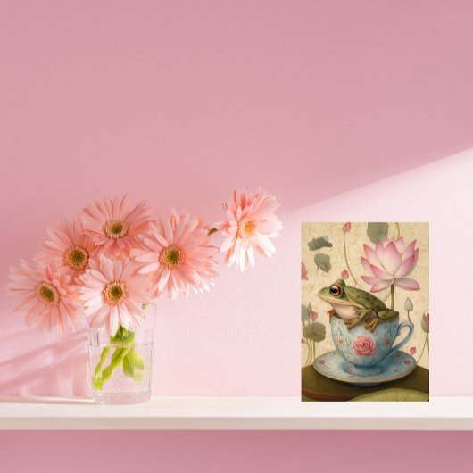 カエルinブルーフローラティーカップとハス花 シーズンポストカード