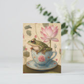 カエルinブルーフローラティーカップとハス花 シーズンポストカード (スタンド正面)