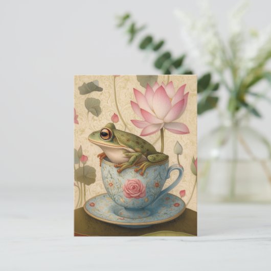カエルinブルーフローラティーカップとハス花 シーズンポストカード (スタンド正面)