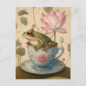 カエルinブルーフローラティーカップとハス花 シーズンポストカード (正面)