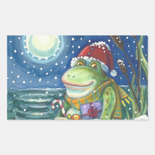 カエルSANTA ON LOG, HOLLIDAYクリスマスステッカーRec 長方形シール (正面)