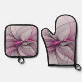 カオエレガントスモダン抽象芸術ピンクフラクタルアート 鍋つかみ&鍋敷きセット (正面)