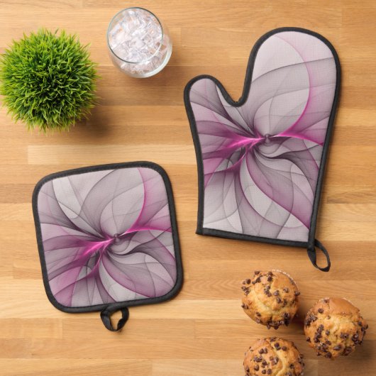 カオエレガントスモダン抽象芸術ピンクフラクタルアート 鍋つかみ&鍋敷きセット (トップダウン)