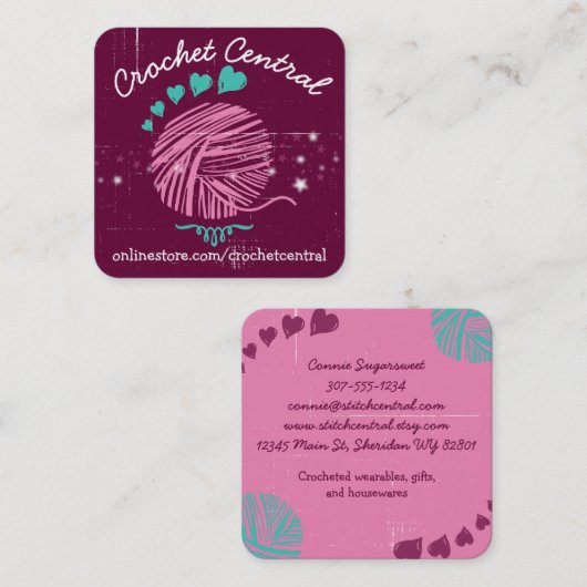 カカスタムラードードル糸クロシェット編み物手織り スクエア名刺 (正面/裏面)