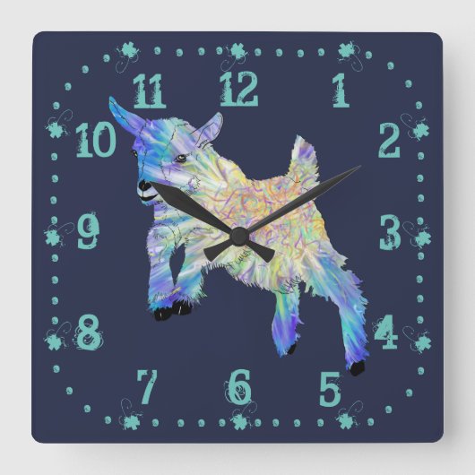カカラフルワイトベビーヤギファンキージャンプ動物 スクエア壁時計 (正面)