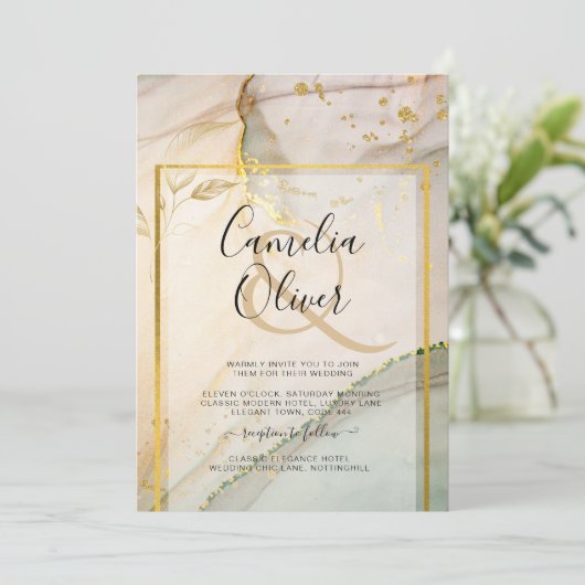 カキ真珠金ゴールド結婚アルコールインク抽象芸術 招待状 (スタンド正面)