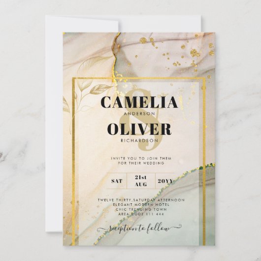 カキ真珠金ゴールド結婚アルコールインク抽象芸術 招待状 (正面)