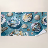カキ貝の貝類の模様(青) ビーチタオル (正面)