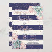 カクタスネイビーストライプバラ金ゴールド婚約パーティ 招待状 (正面/裏面)