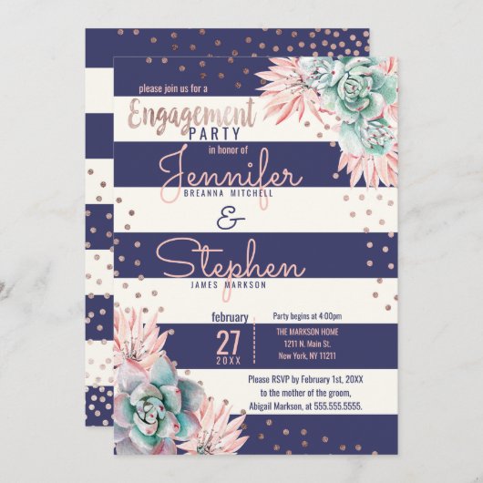 カクタスネイビーストライプバラ金ゴールド婚約パーティ 招待状 (正面/裏面)