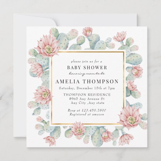 カクタス |ボホ素朴赤ちゃんシャワー 招待状 (正面)