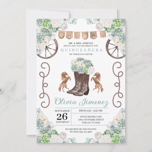 カクティフローラウェスタン女性のカーボーイブーツキンセアニェラ 招待状 (正面)