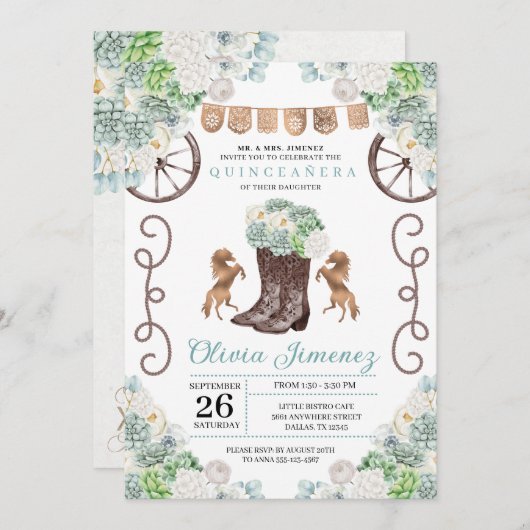 カクティフローラウェスタン女性のカーボーイブーツキンセアニェラ 招待状 (正面/裏面)