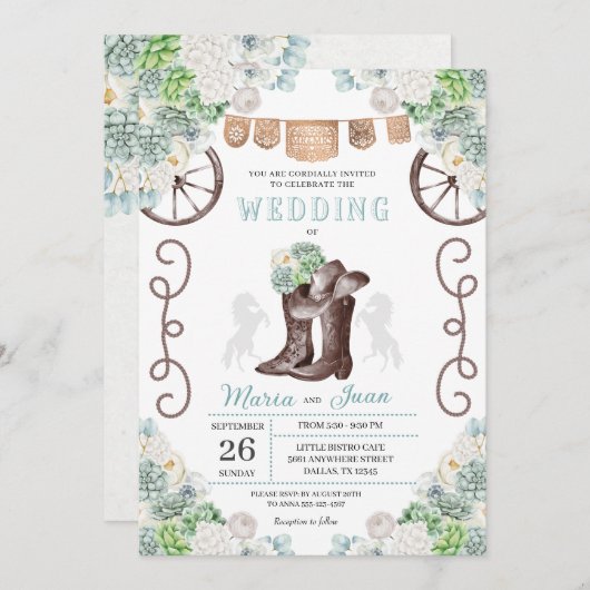 カクティフローラウエスタンカウボーイ結婚ブーツ 招待状 (正面/裏面)