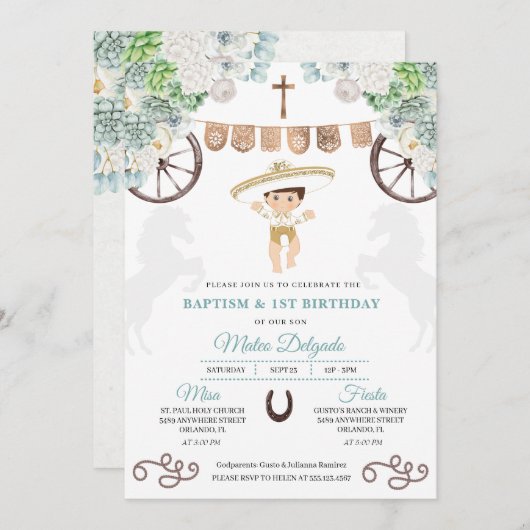 カクティメキシコフローラ男の赤ちゃんシャルロバプテスマ 招待状 (正面/裏面)