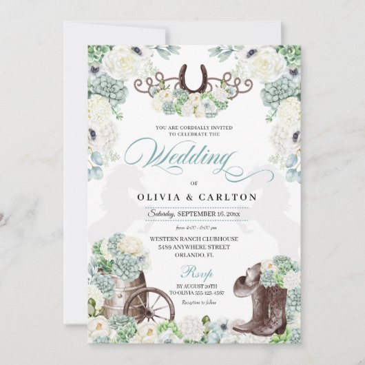 カクティーフローラミントグリーンウェスタンカウボーイ結婚ズ 招待状 (正面)