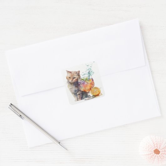 カクテルおもしろいの水彩画のシールが貼られた可愛い猫 スクエアシール (封筒)