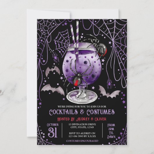 カクテルとコスチュームハロウィンブラックウィドウ 招待状 (正面)