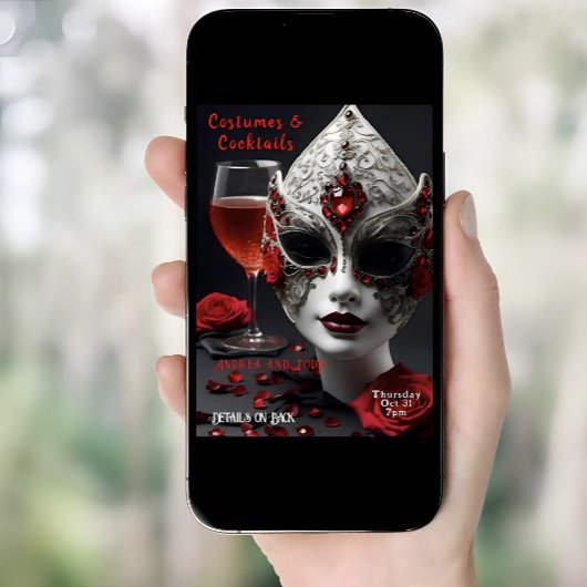 カクテルとコスチュームベネチアンマスクハロウィーン 招待状