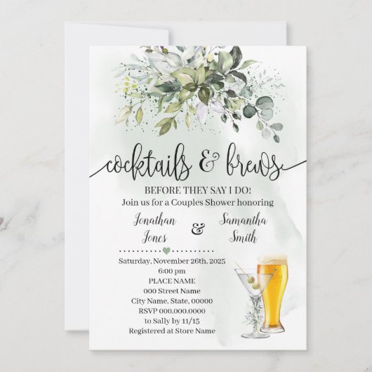 カクテルとブライトシャワーのユーカリ緑 招待状 (正面)