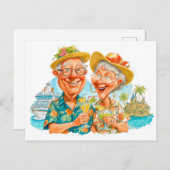 カクテルを楽しむ老夫婦の熱帯ビーチ シーズンポストカード (正面/裏面)