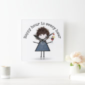 カクテルを添えたハッピーアワースティックガール スクエア壁時計 (ホーム)