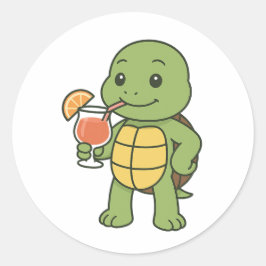 カクテルを飲むカメ  ラウンドシール