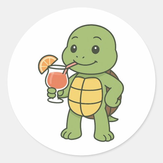 カクテルを飲むカメ  ラウンドシール (正面)