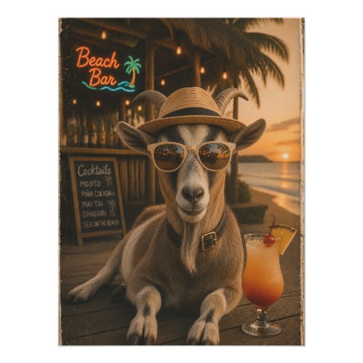 カクテルを飲むビーチのヤギ ポスター (正面)