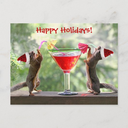 カクテルを飲んでいるサンタのリス シーズンポストカード (正面)