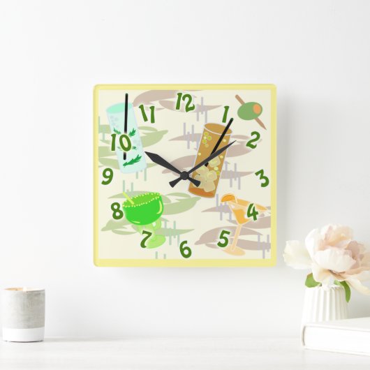 カクテルアワーおもしろい飲料パターンアート スクエア壁時計 (ホーム)