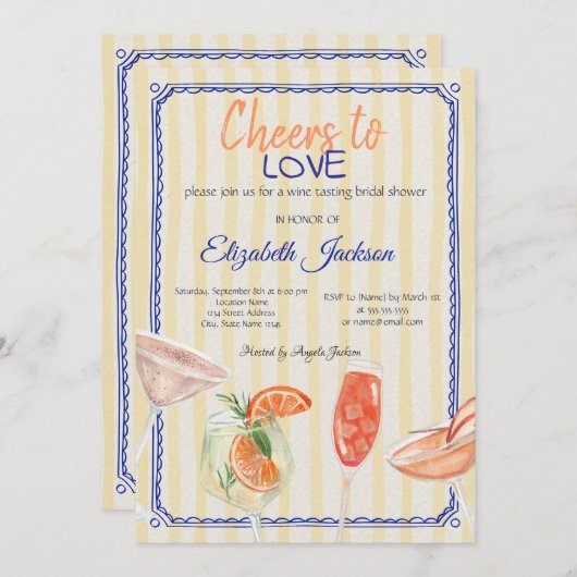 カクテルイエローストライプのブライダルシャワー 招待状 (正面/裏面)