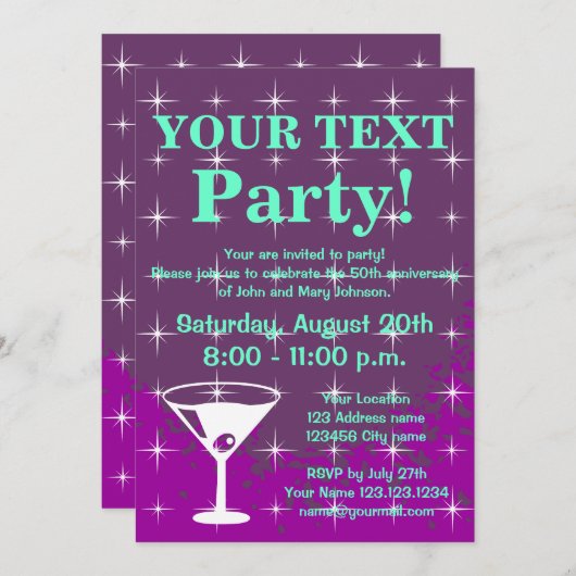 カクテルグラスを使用したスパークリーパーティの招待状 招待状 (正面/裏面)