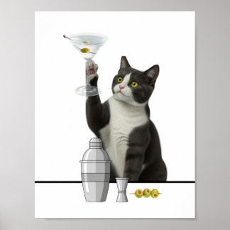 カクテルグラスを持つリラックスした猫 ポスター