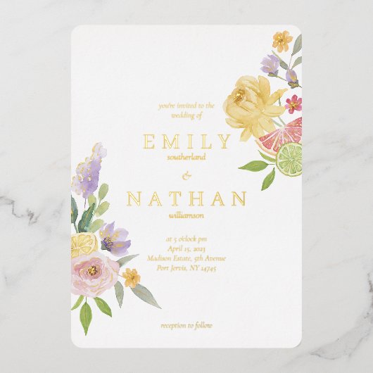 カクテルシッ結婚ツの水彩フローラ楽園 箔招待状 (正面)