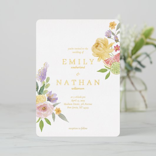 カクテルシッ結婚ツの水彩フローラ楽園 箔招待状 (立ち正面)